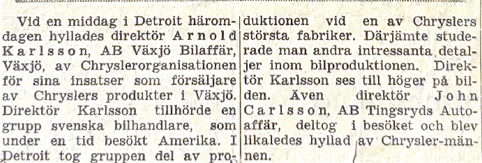 Tidningsurklipp Arnold Karlsson på bilmässa i Detriot